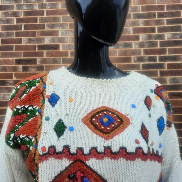 Vintage 90s Southwestern Pattern Embroidered and Beaded Hand Knit Sweater | S - Picture 5 of 16